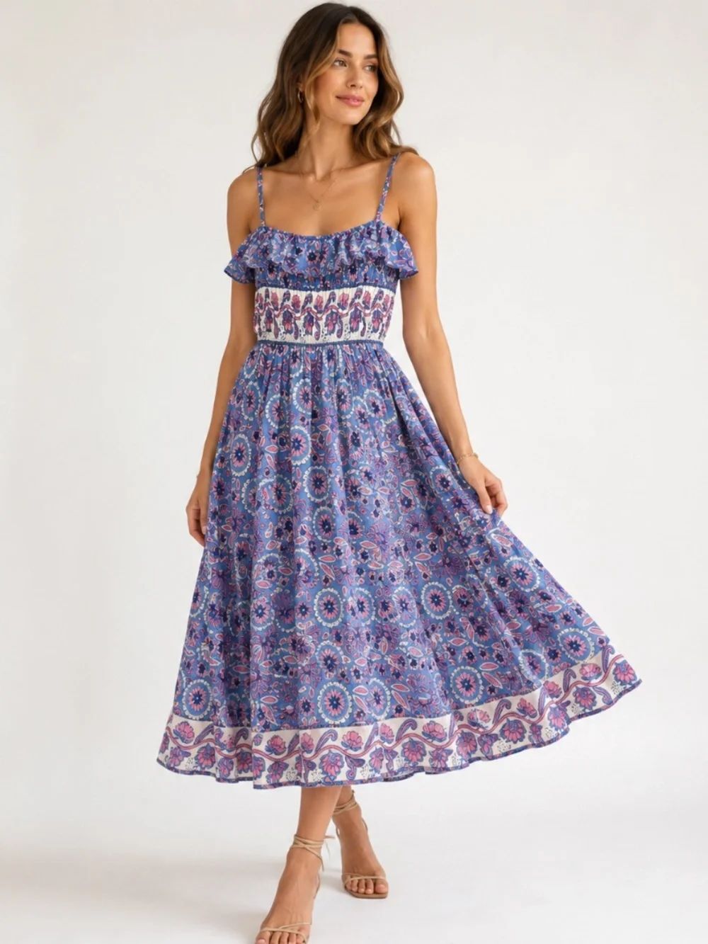 Bell by Alicia Bell Flutter Midi Dress Silk Cotton Floral Blue Pink XS